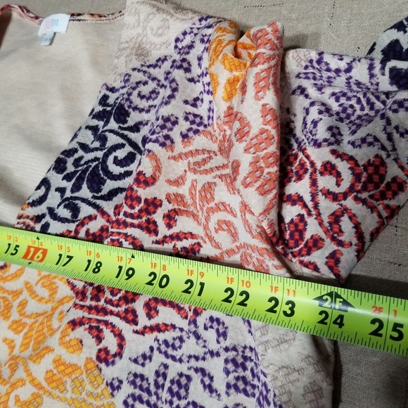 LuLaRoe Cardigan Long Duster Size L Beige Purple Open Front Patchwork - Picture 11 of 13